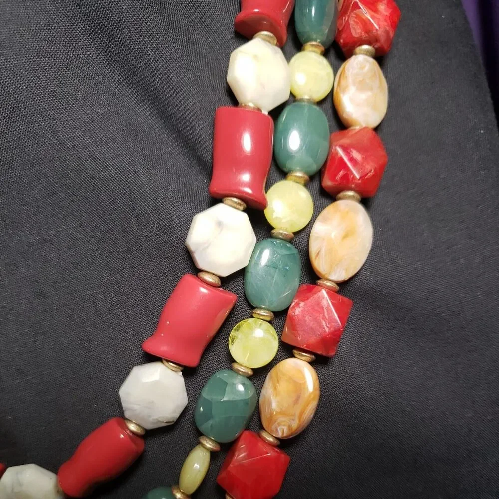 Dana Buchman Signed Three Layer Multicolored Necklace, Matte Yellow Gold Tone